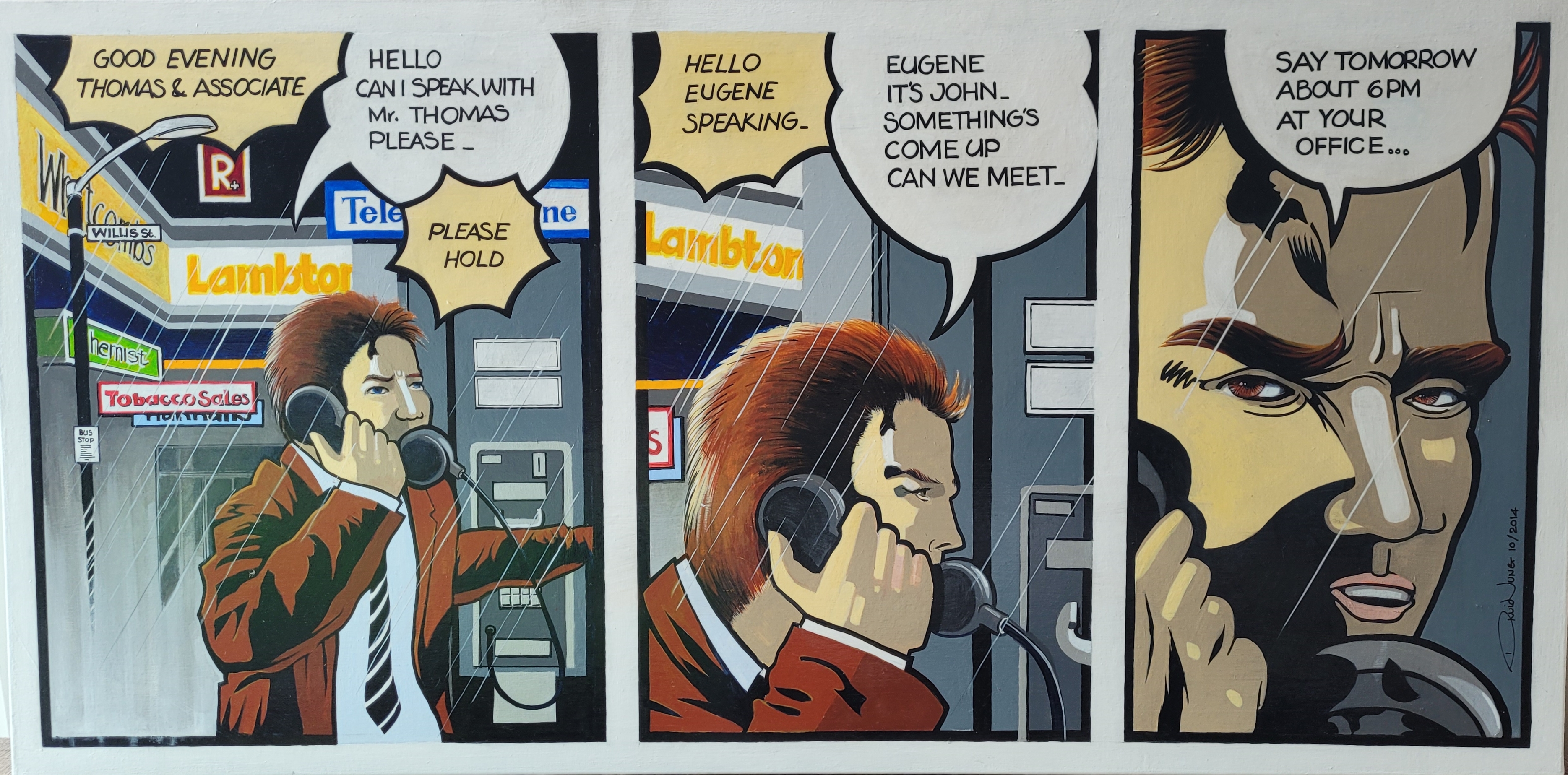 Wide comic strip style painting with telephone booths, speech bubbles and close-up faces