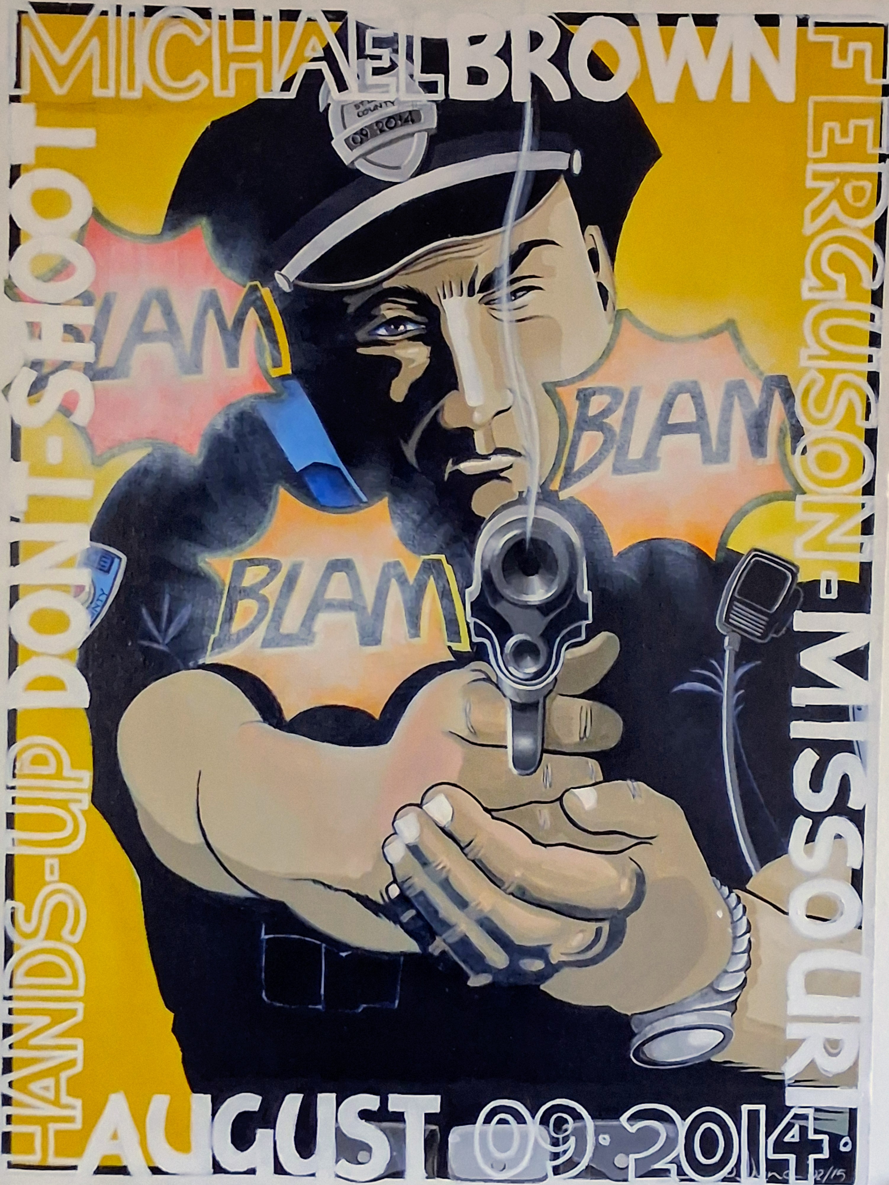 Pop art painting of a police officer pointing a gun with repeated Blam lettering