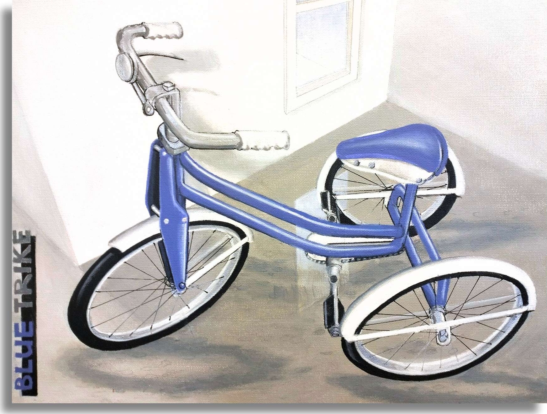 Painting of a blue vintage child's tricycle