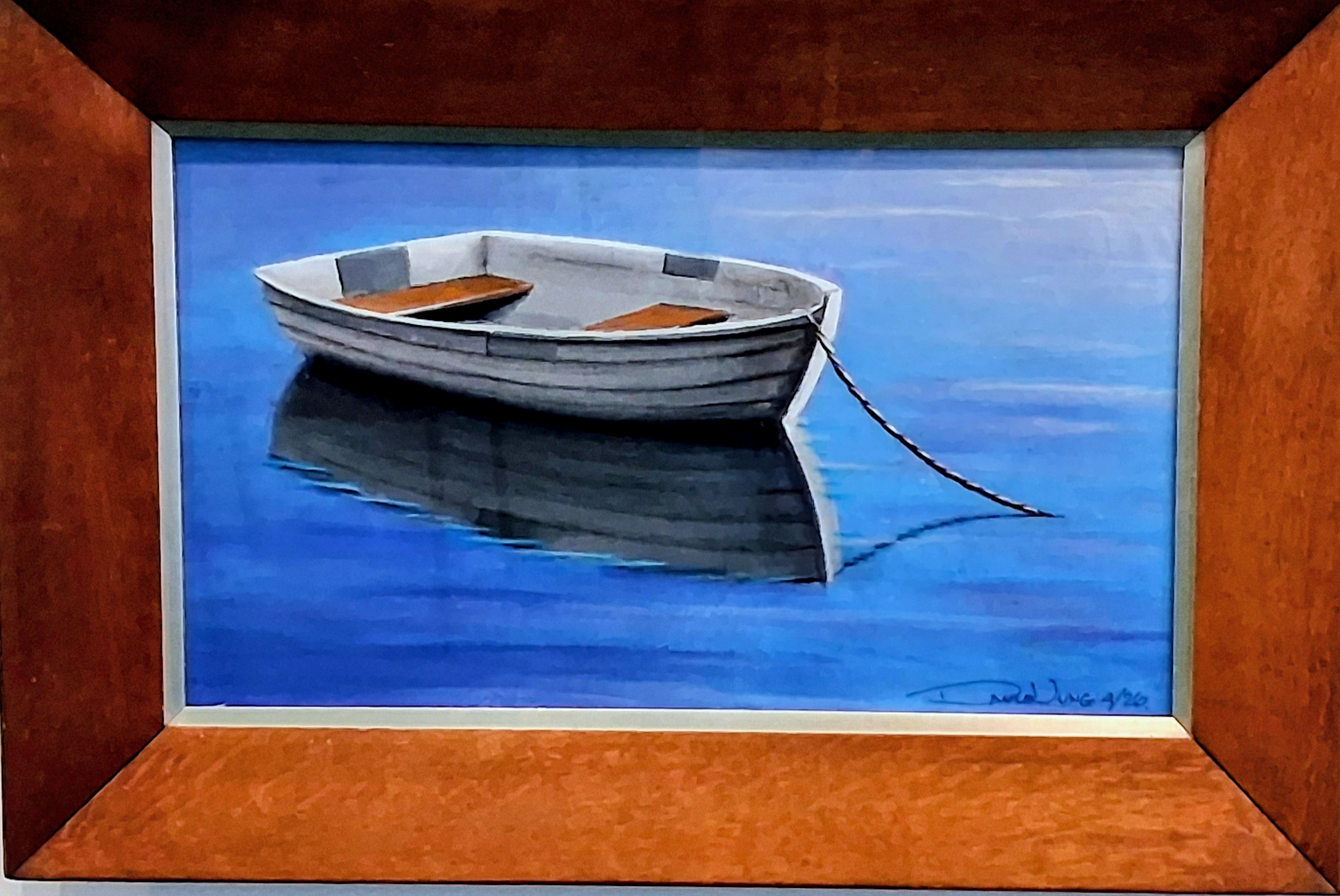 Painting of a small white rowing boat tethered on calm blue water