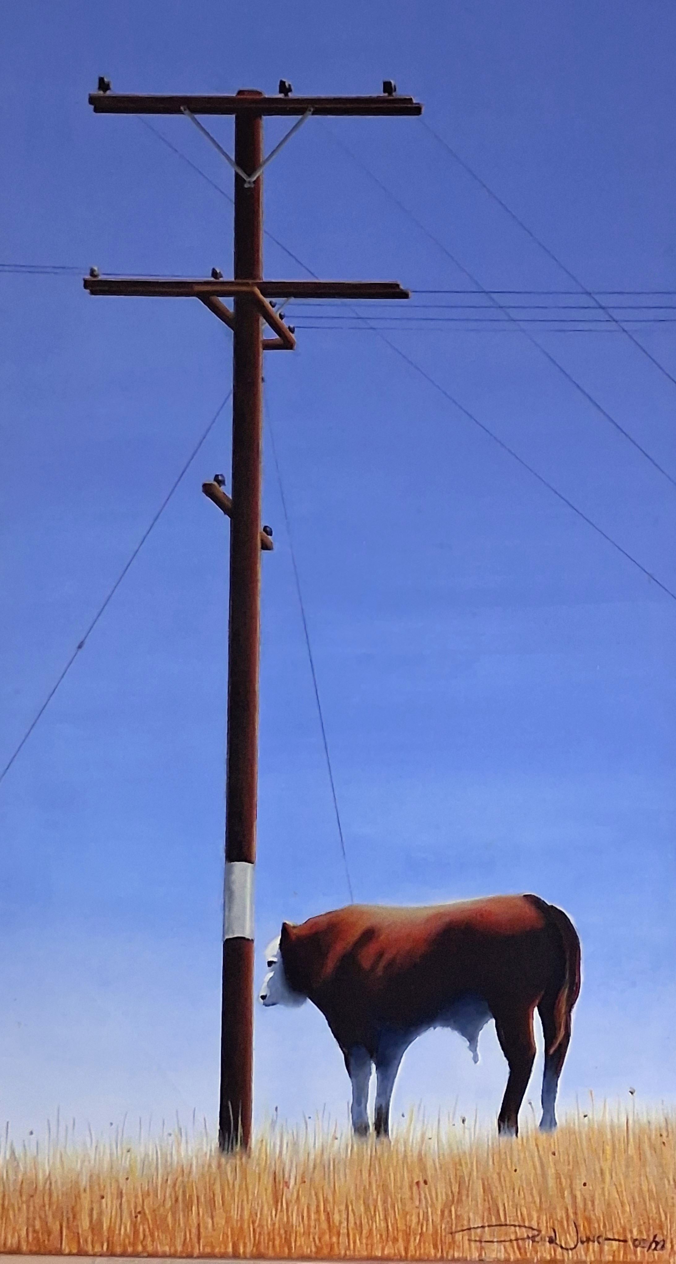 Painting of a bull below a power pole in a dry field