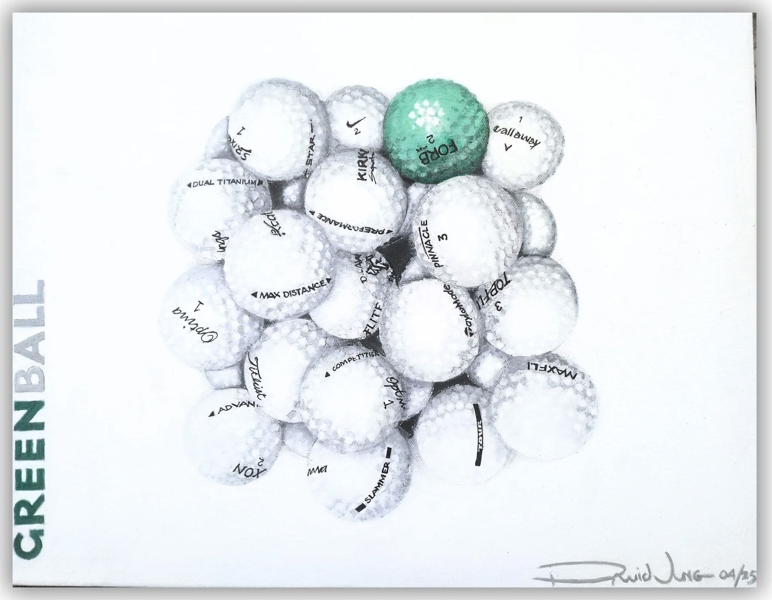 Drawing of golf balls with one green ball