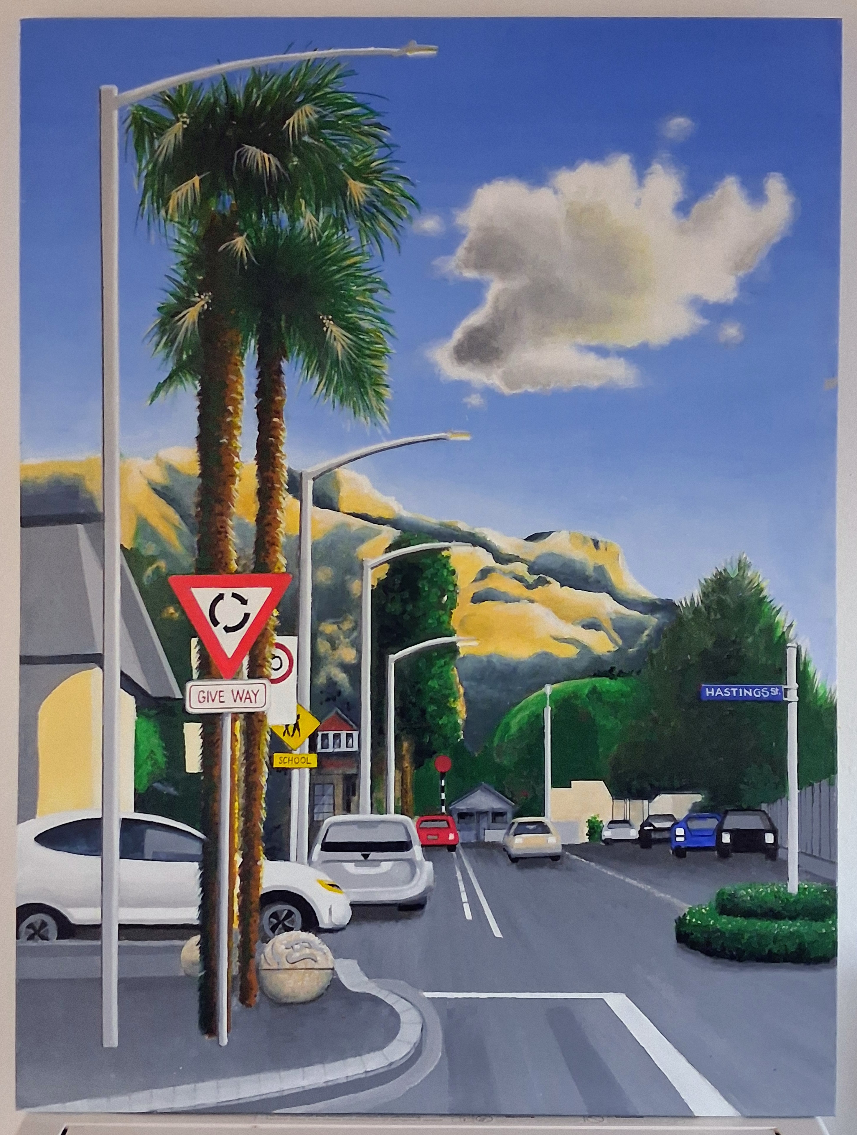 Painting of a sunny New Zealand street scene