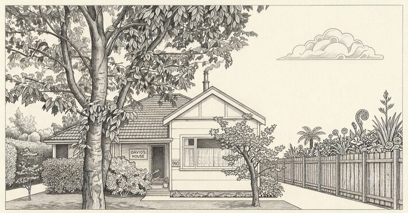 Detailed pencil drawing of the bungalow and garden at 910 Ferguson Street