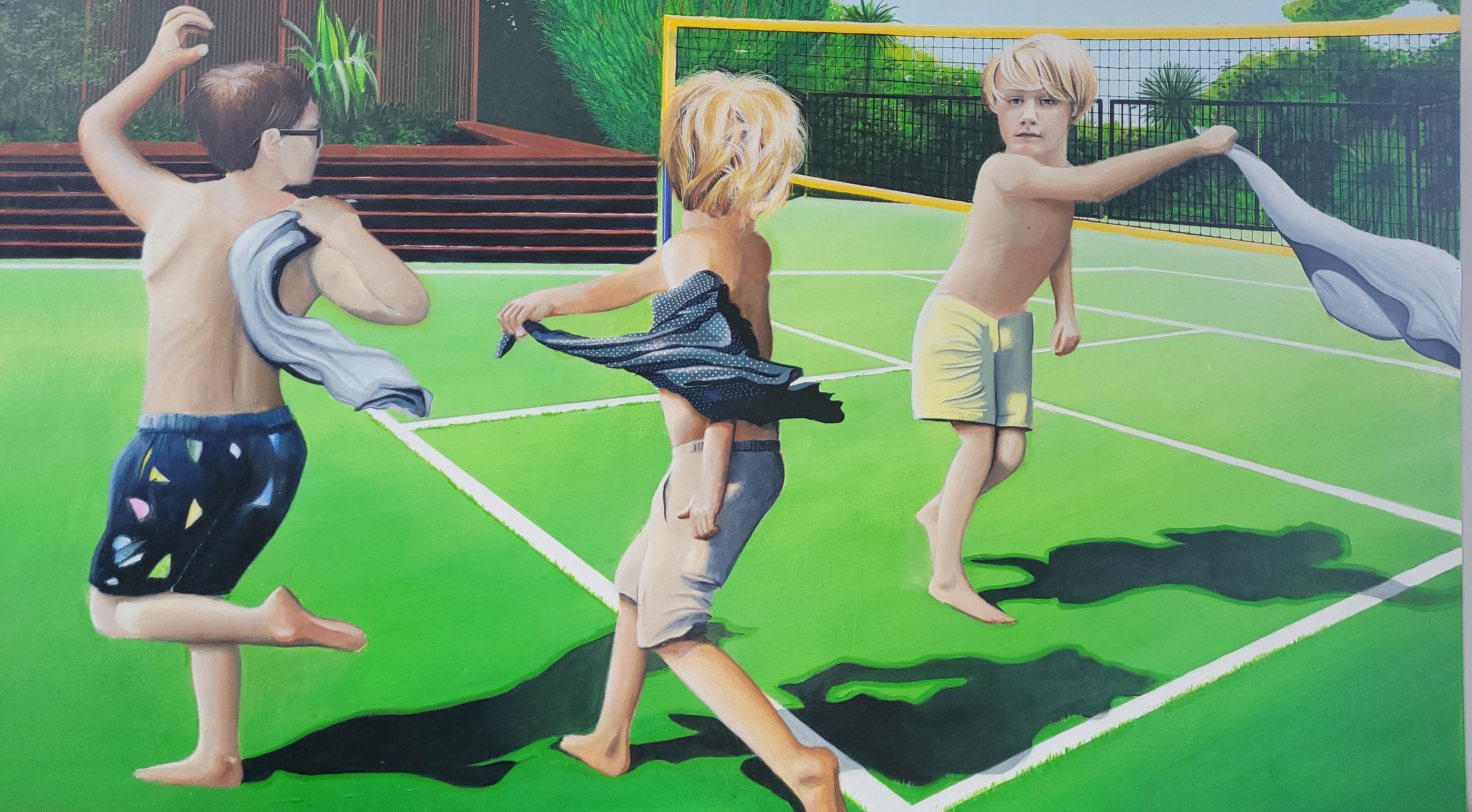Painting of three children changing shirts on a green tennis court