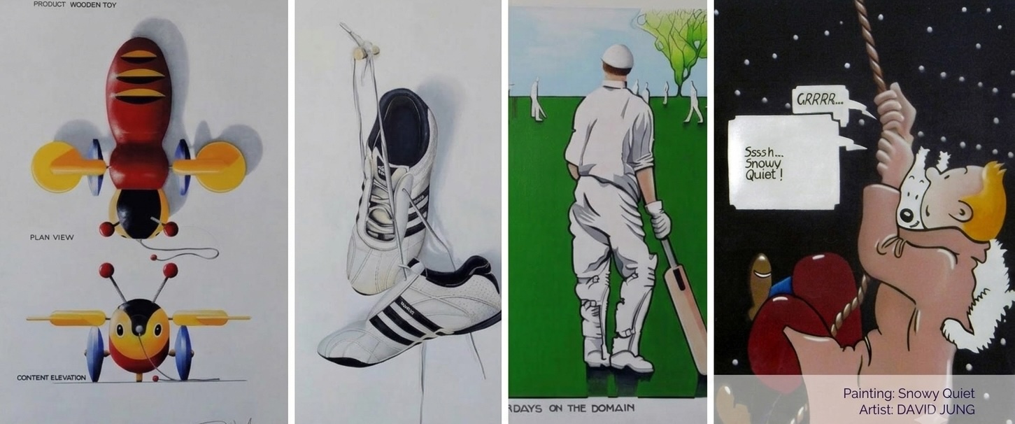 Montage of David Jung works including Buzzy Bee, shoes, cricket figure and Snowy Quiet comic panel