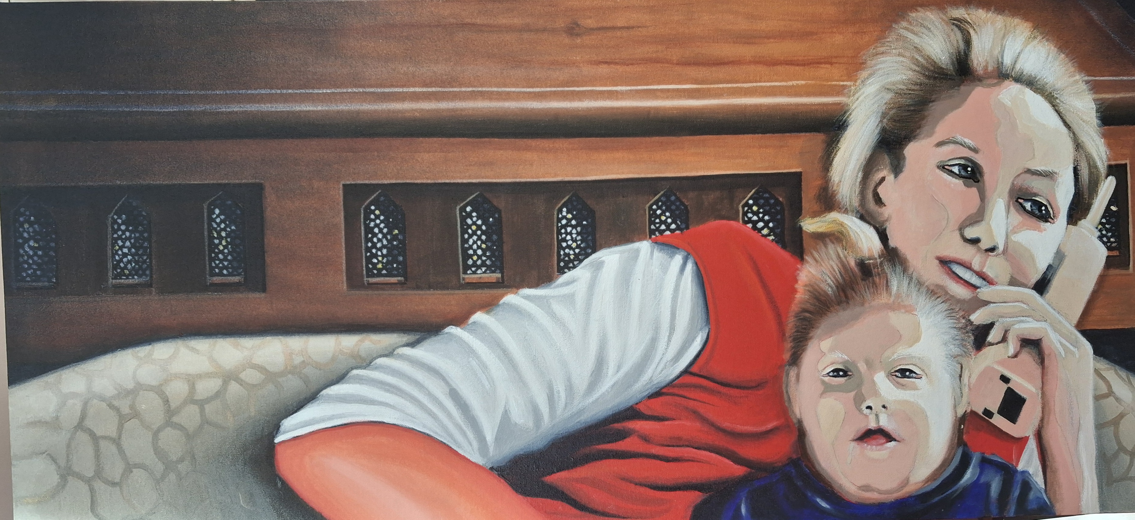 Painting of a mother holding a baby while speaking on a cordless telephone