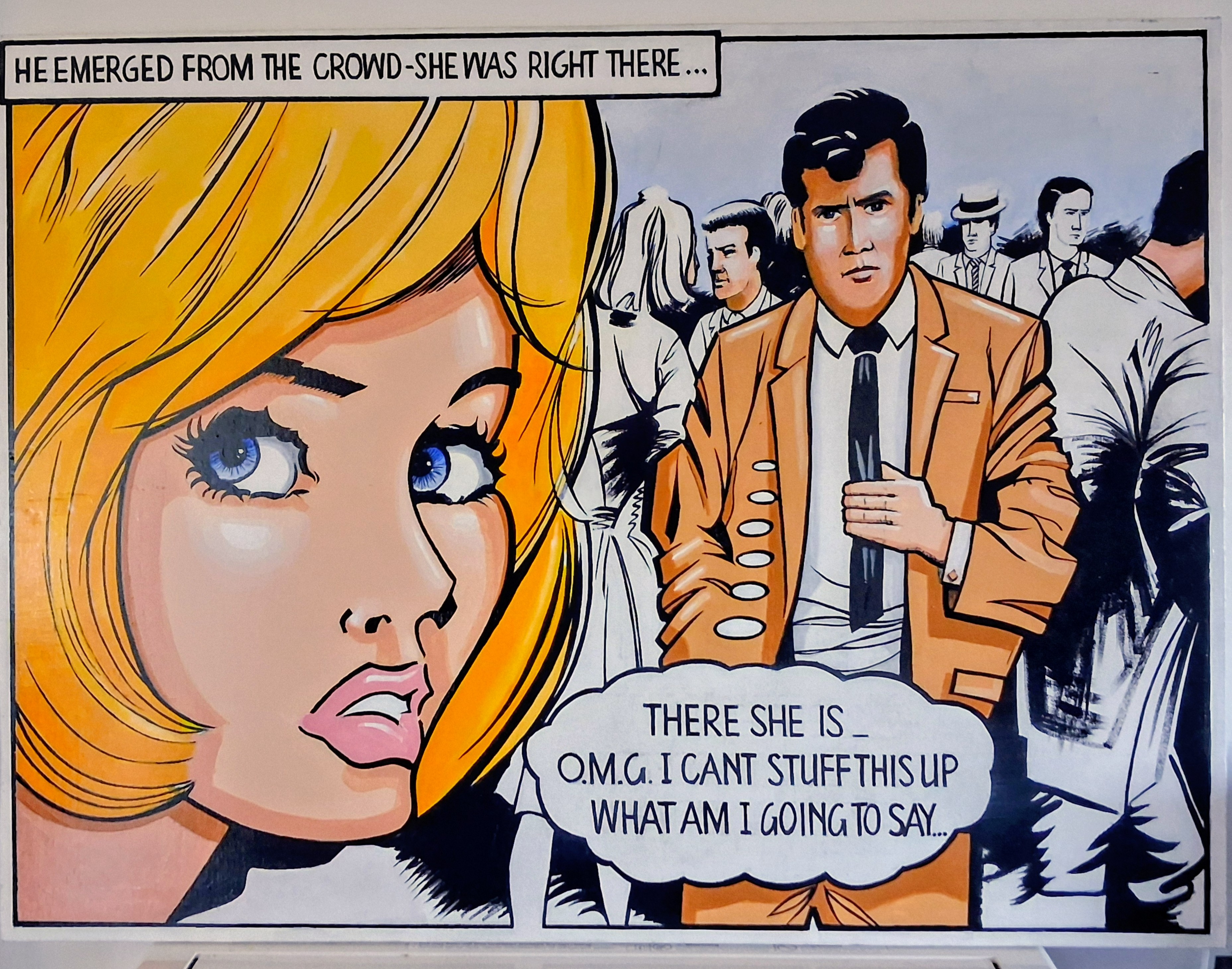 Comic panel painting with a woman, man and speech bubbles