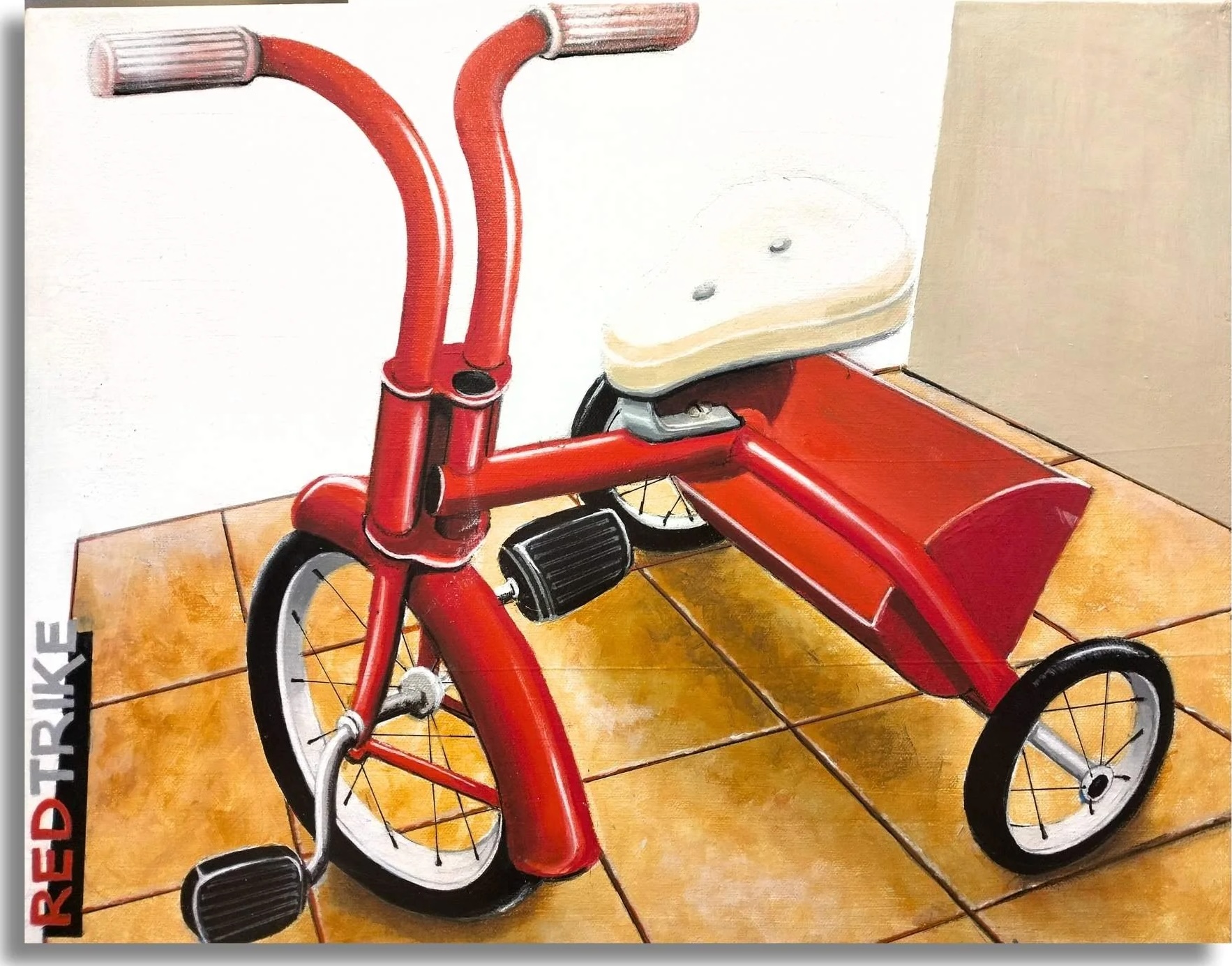 Painting of a bright red child's tricycle