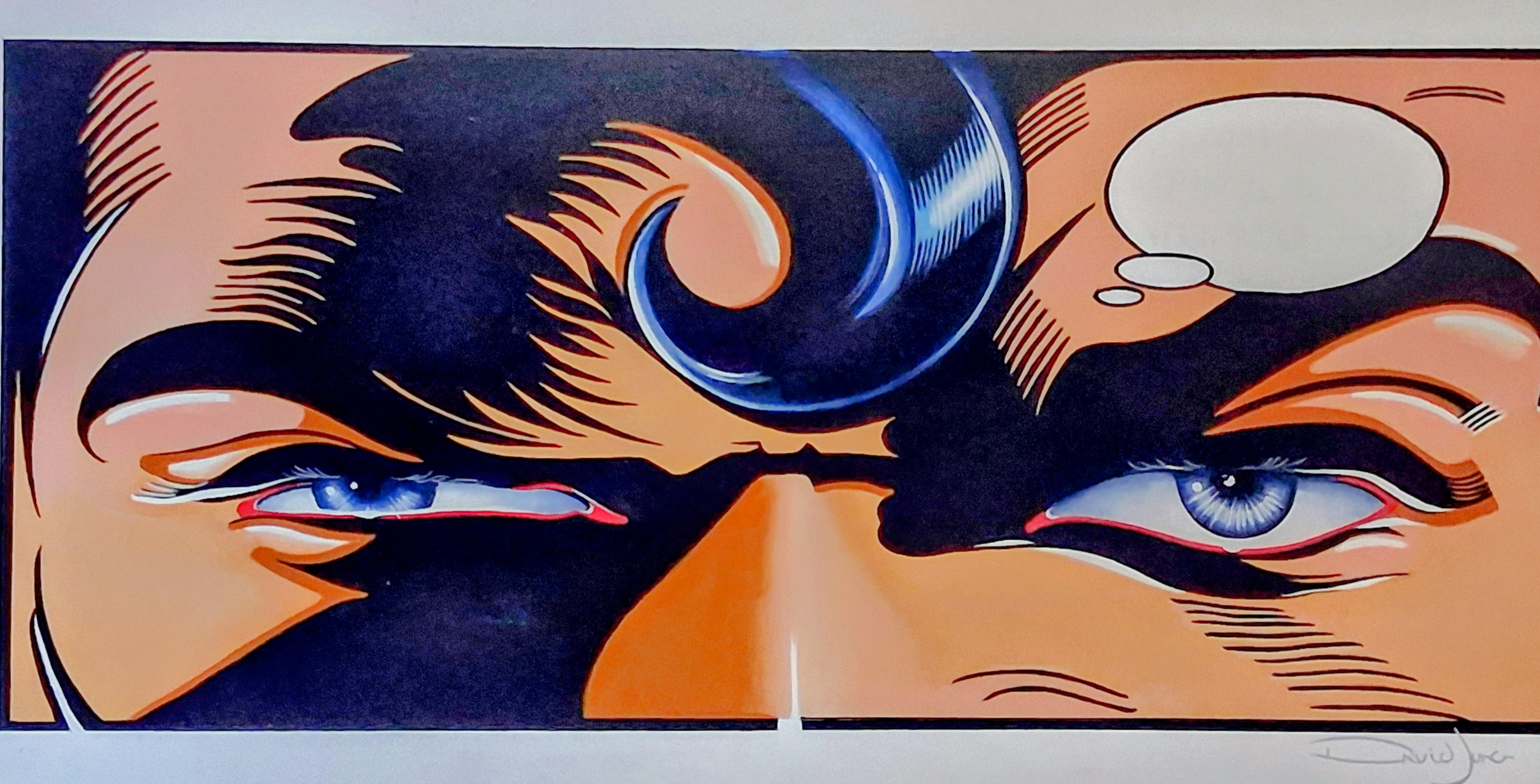 Close-up comic painting of a figure's eyes and thought bubble