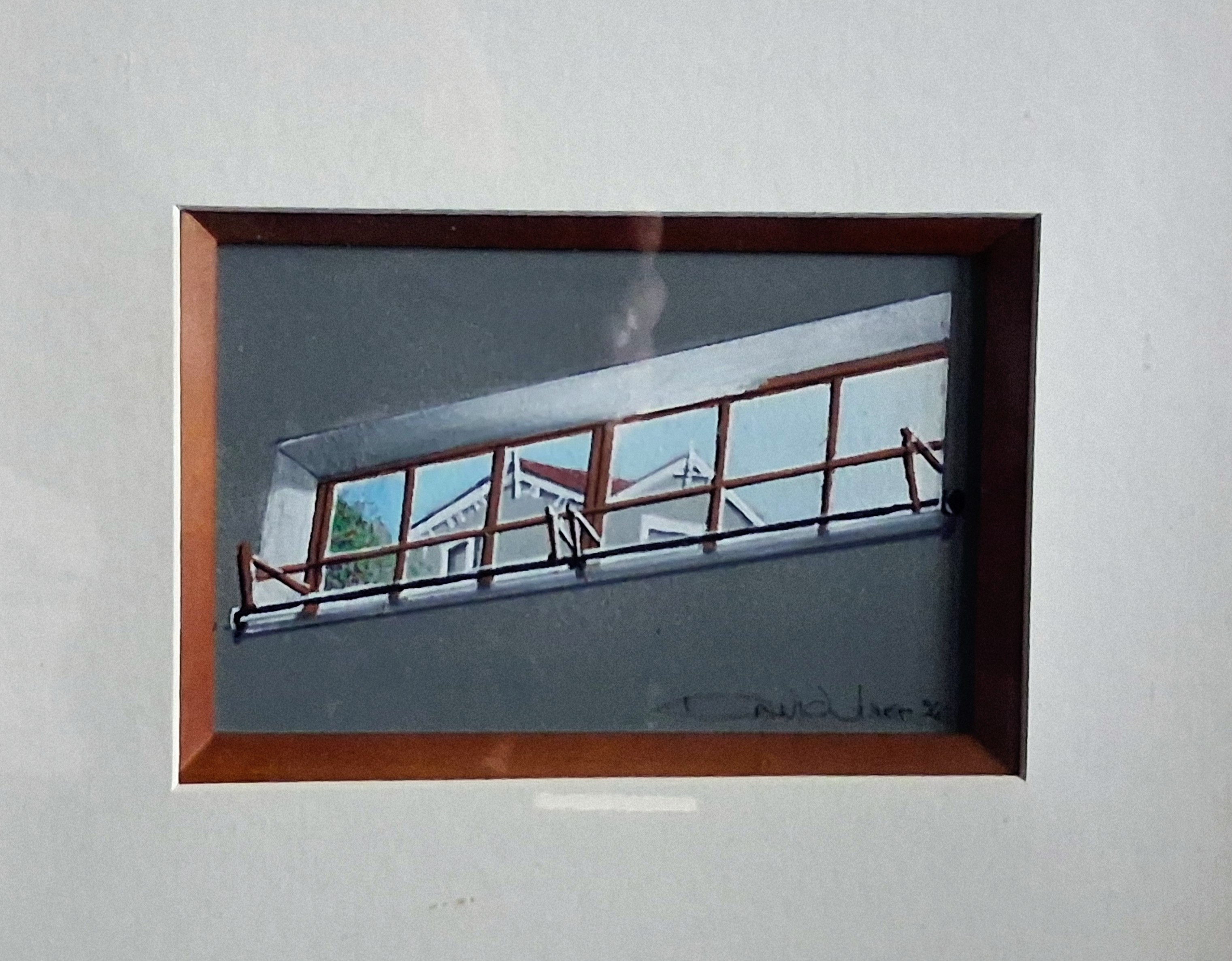 Painting of neighbouring rooftops seen through a long horizontal window